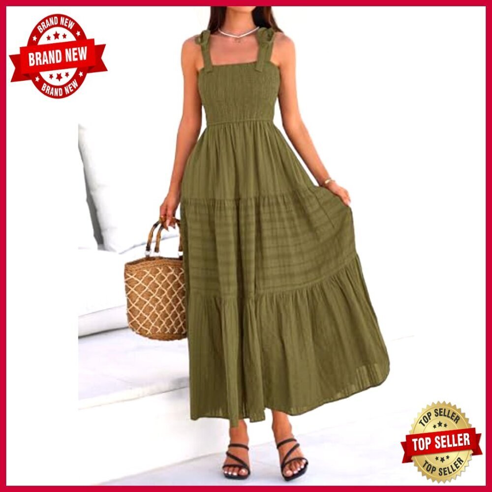 Boho Maxi Dress Sleeveless Smocked A-Line Casual Sundress with Pockets - Picture 6 of 7